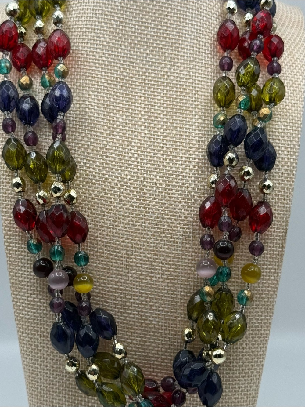 Vintage Multicolor Lucite Acrylic Bead Necklace 3 Strand Jewel Tone Statemnt 19”